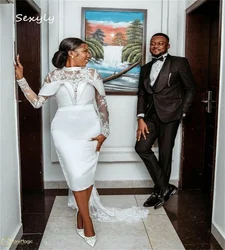 Elegant Tea Length Boho Wedding Dress Long Sleeve Lace Short Bohemian Bridal Gowns African Nigeria Civil Bride Sexy Customized