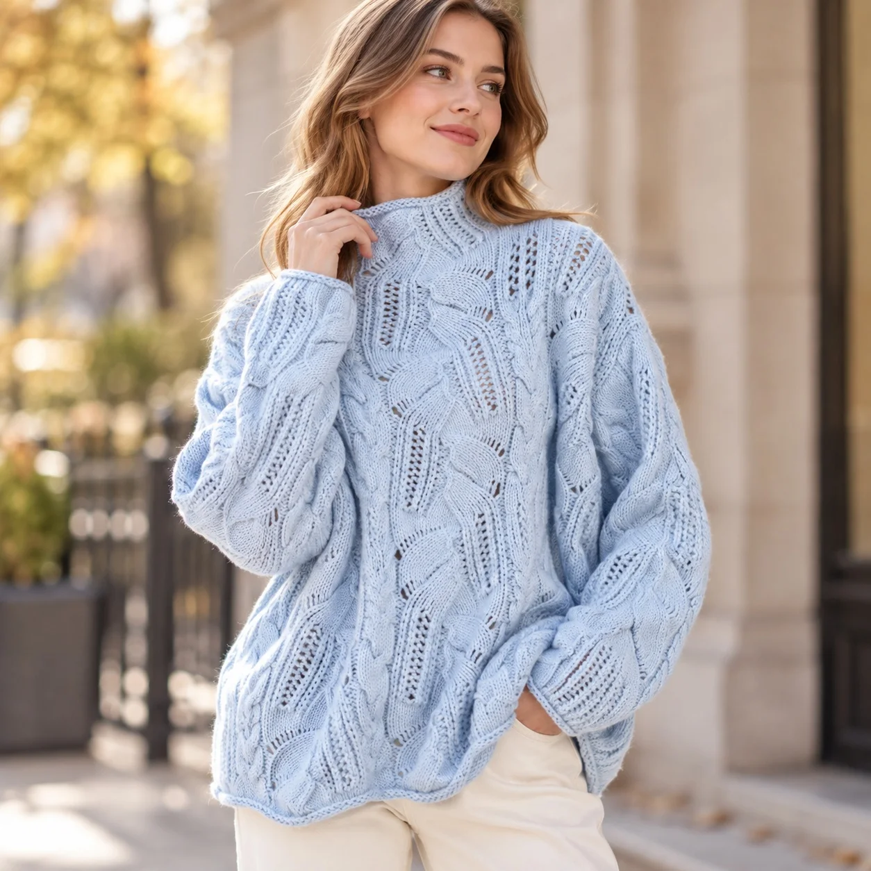 Pullover Loose Fit Sweater Elegant with High Neck Graceful Commuter Patchwork Spring Long Sleeve Regular Sleeve Women Sweater