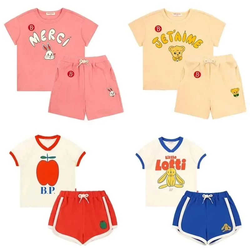 Korean BEBE Suits for Kids 2025 Summer Boys and Girls Casual Cotton Printed Top + Pants Cute Baby Clothes