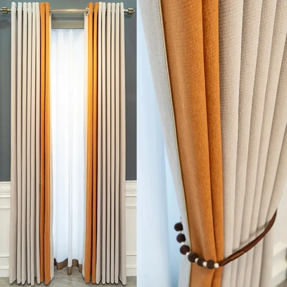 

2PC Modern Simple and Light Luxury Nordic Chenille Spliced Blackout Window Curtains for Living Dining Room Bedroom Villa Home