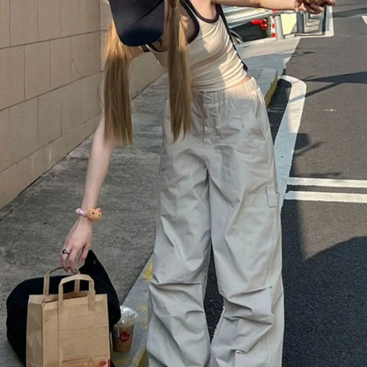 

Spring Autumn New Grey Apricot Cargo Pants American Vintage Loose Straight Trousers Y2k Grunge High Waist Wide Leg