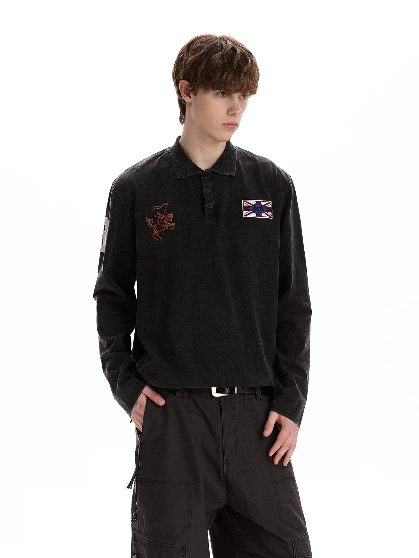 Retro Streetwear Washed Embroidered Long Sleeve  Shirt Short Style American Cotton Top for Men And Women Youth Fashion