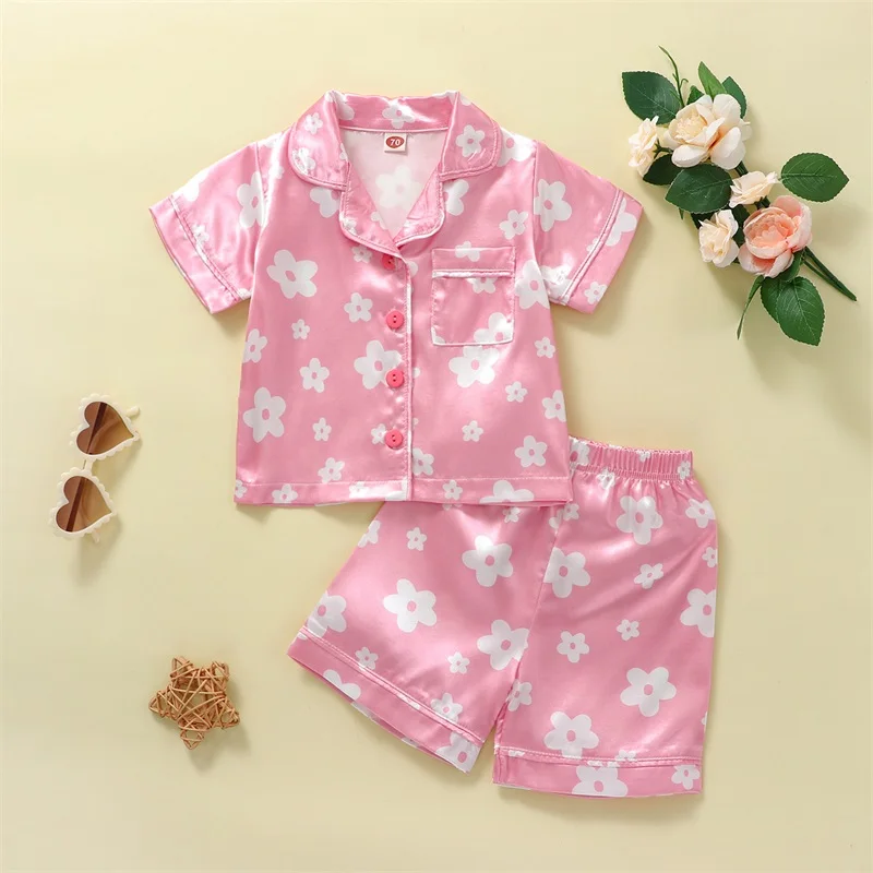 Kid Girl Summer Pajamas Set Short Sleeve Lapel Neck Floral Print Buttons Tops + Loose Short Pants