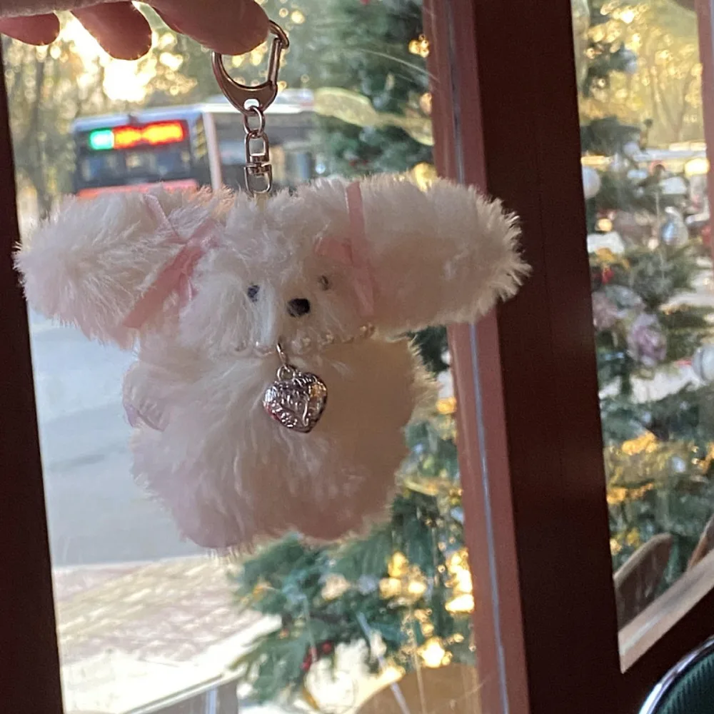 Bag Pendant Pearl Puppy Plush Key Ring Alloy Bow Plush Rabbit Pendant White INS Cartoon Animal Keychain Work