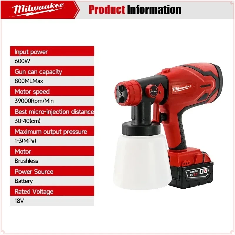 Milwaukee  600W Paint Spray Gun 800ML Tank & 39000 RPM Brushless Motor Auto Furniture Wall Car Sprayer For 18V Battery