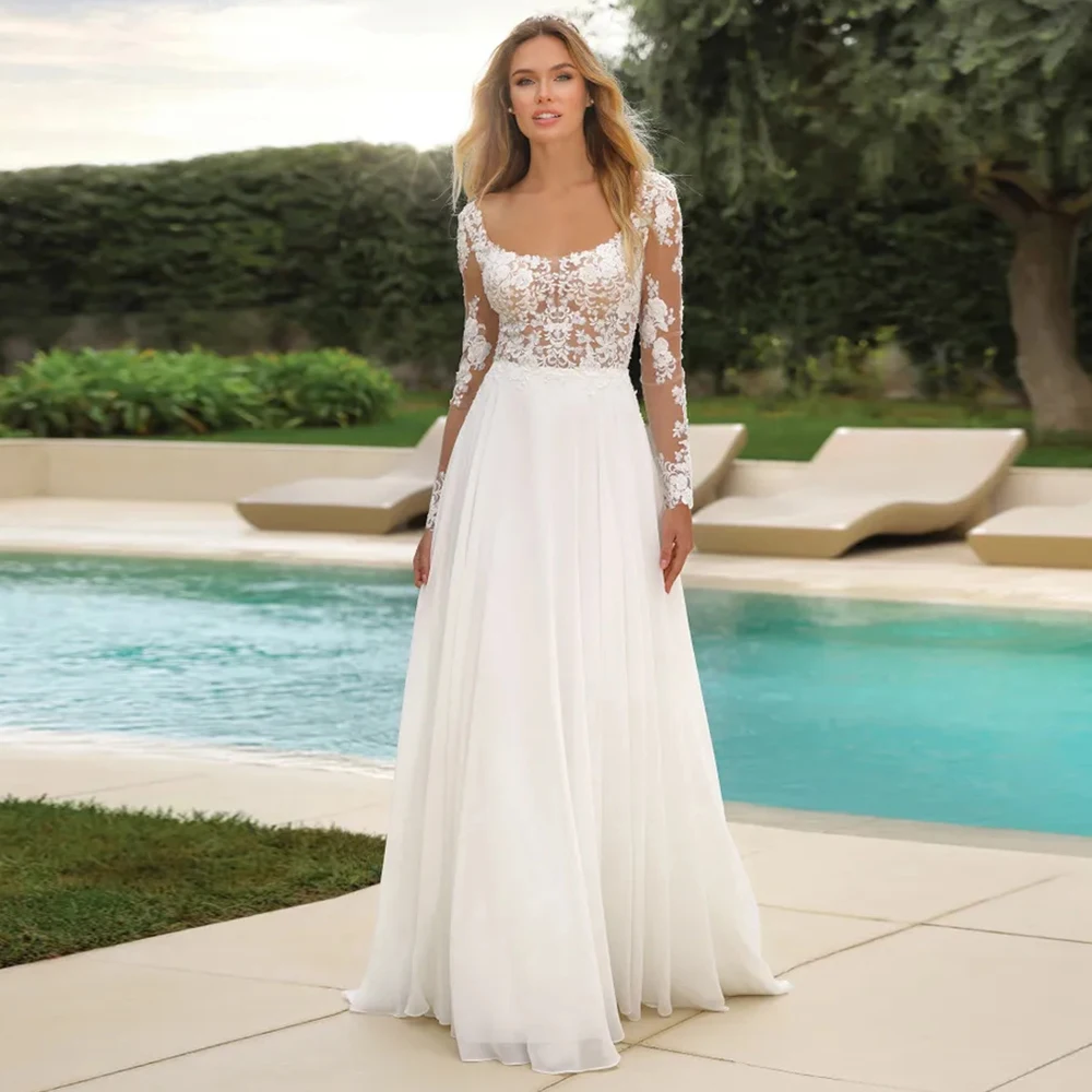 Chiffon Scoop Appliques Long Sleeves Wedding Dress Ladies Sweep Train Floor Length Button Back Bridal Gowns Vestido De Novia