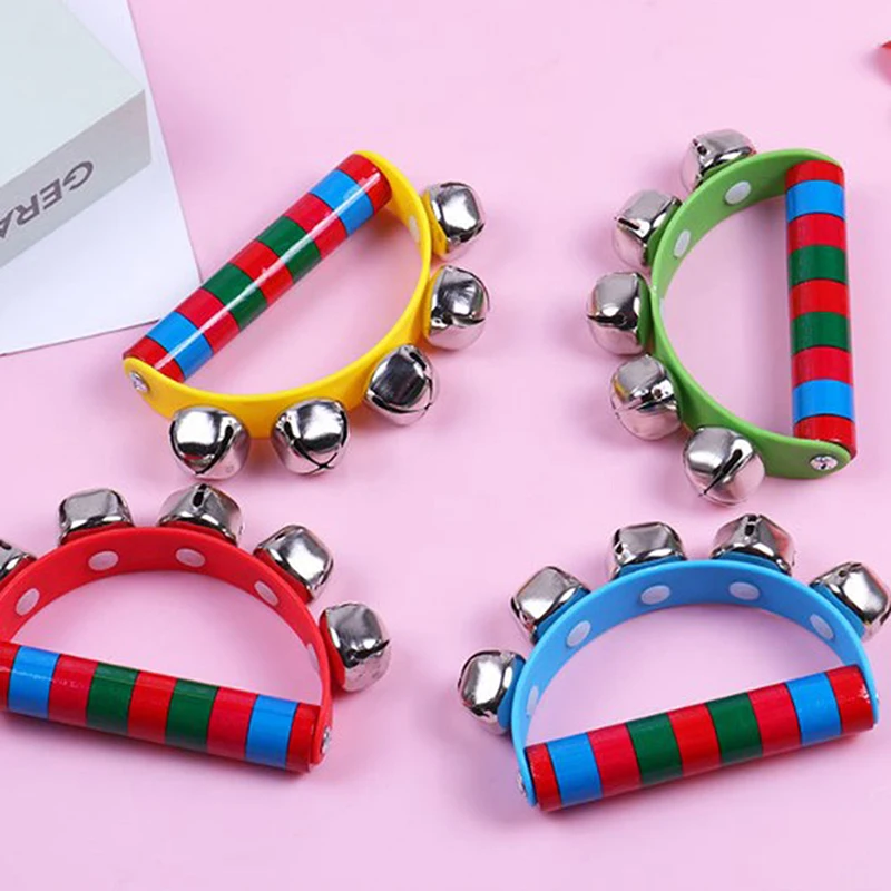 1PC Children\'s Intellectual Props Handbell Hand Bells With 5 Jingle Bells Wood Handle Musical Instrument Toy For Music Class