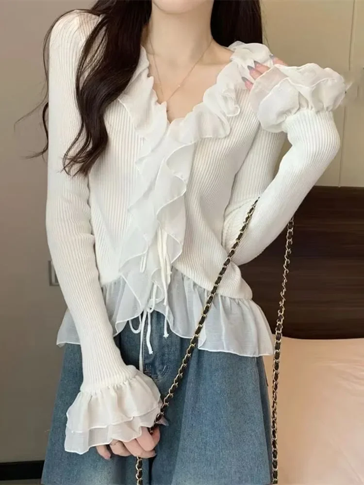 Frisse vintage literaire effen patchwork trui kant gebreid slank ondershirt Franse ruches flare mouw vetersluiting zoete mujer