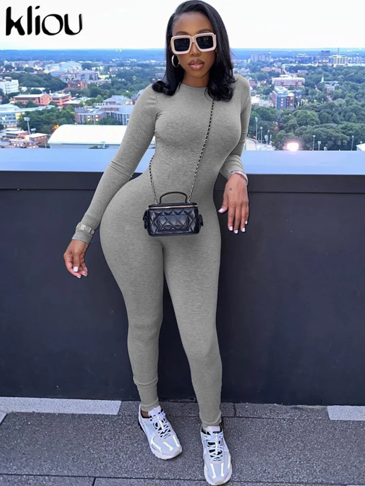 Kliou Casual Basic Jumpsuits Women Concise Autumn Full Sleeve O-neck Body-shaping Overall Solid Sporty Daily Lady Classic Cloth