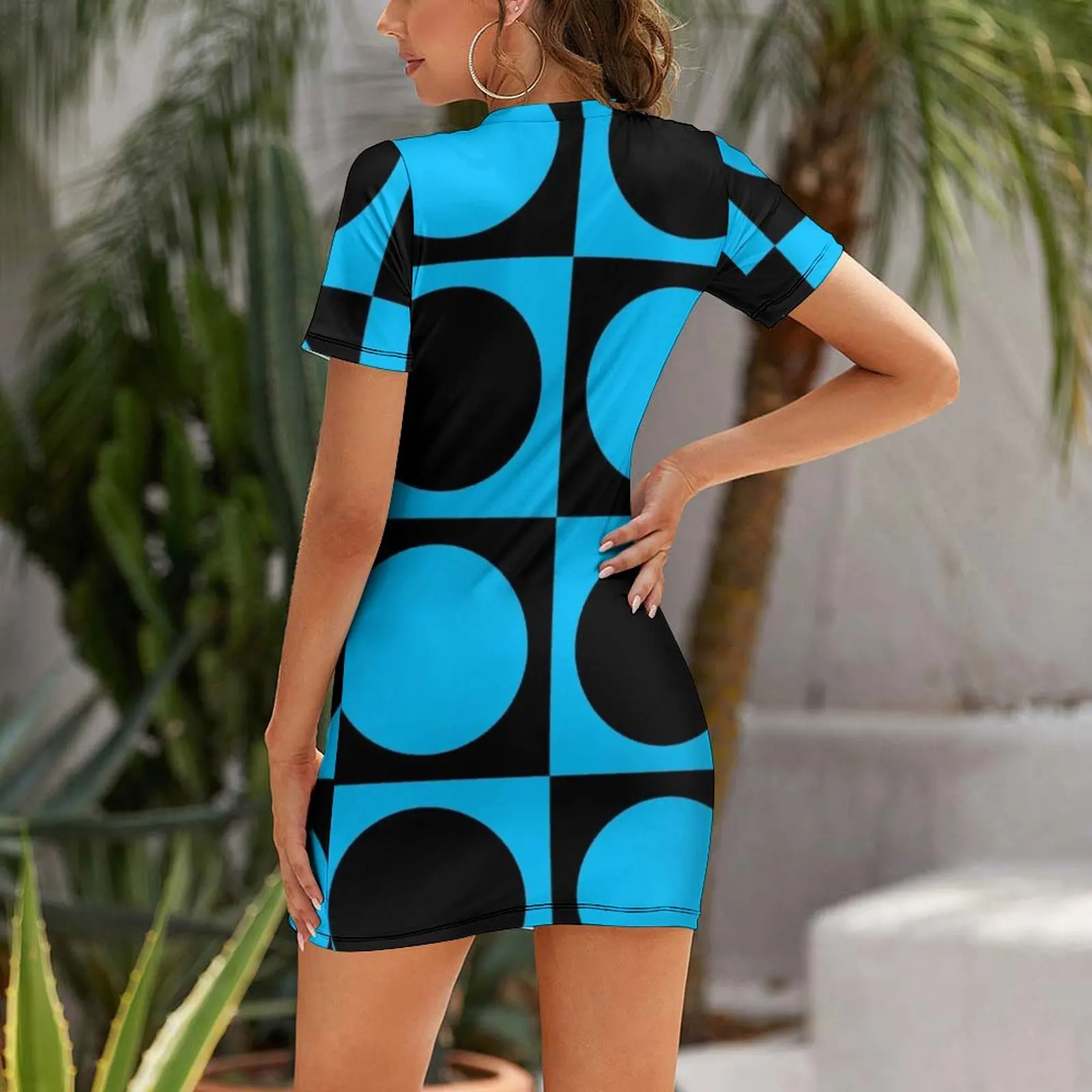 60s Blue Circle Mod Mondrian Short Sleeved Dress dress women summer 2025 Beachwear Dress