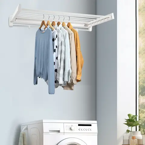 Retractable Clothes Drying Rack Wall Mounted Aluminum Clothing Hanging Rack with 4 Moveable Hooks & ABS Drying Rack Lids