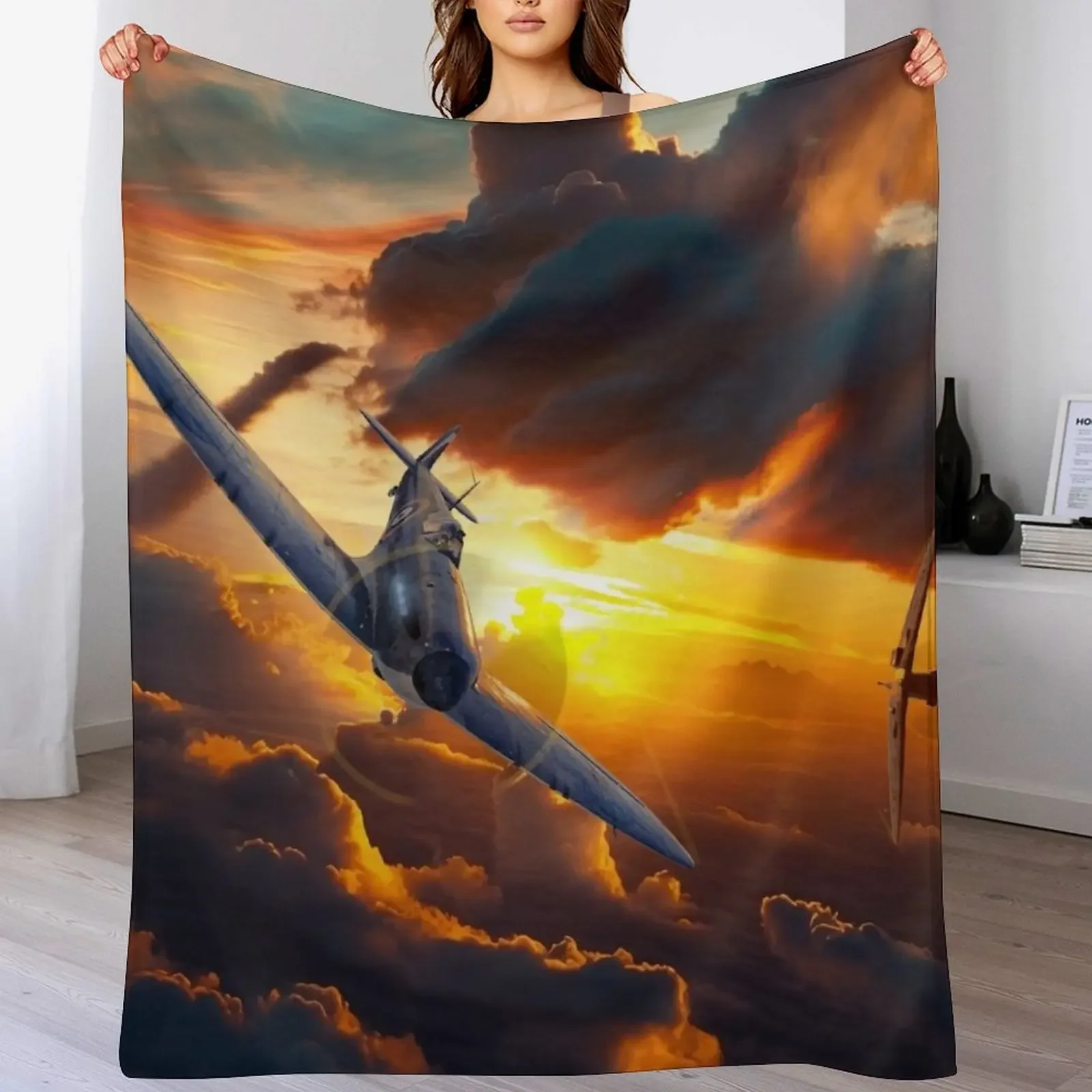 Spitfire Aircraft in the Sunset Aircraft art Throw Blanket for winter wednesday anime Plush Blankets