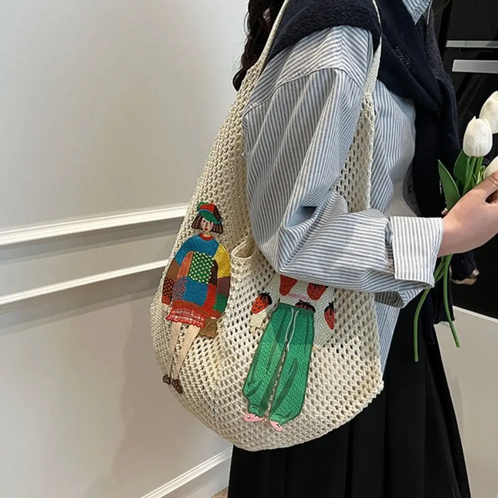 

Trendy Sweet Knitted Tote Bag Hollow Out Bohemian Style Weave Shoulder Bag Cartoon Embroidery Crochet Beach Bag Vacation