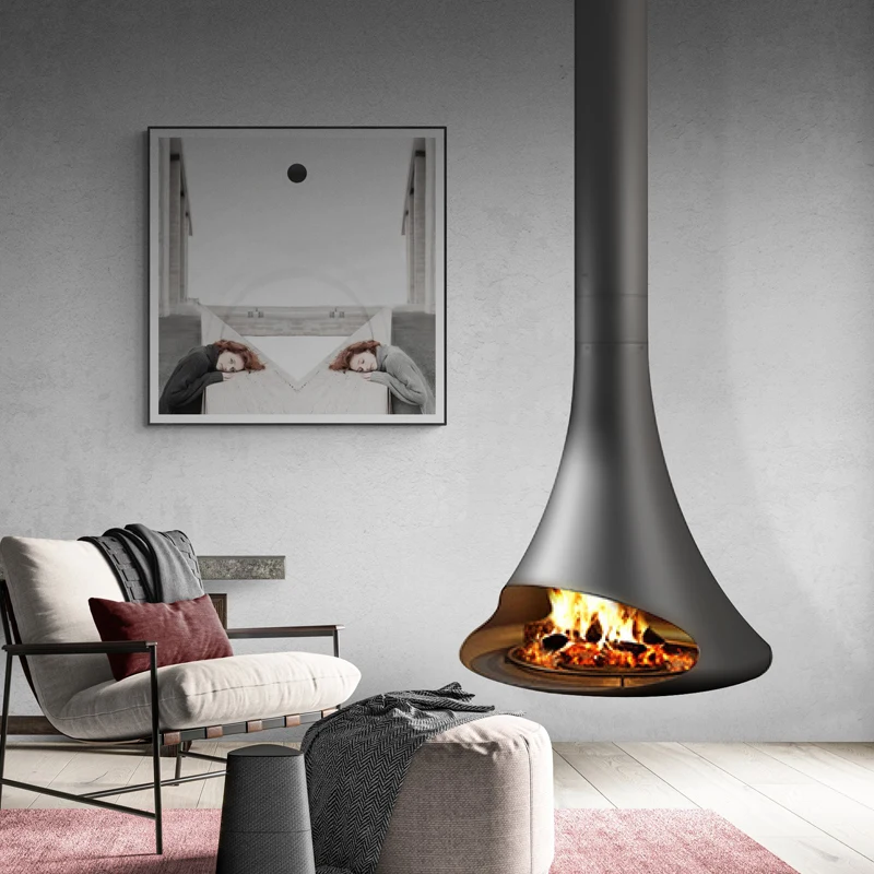 

Customized central hanging fireplace with real firewood suitable home guesthouse decoration heating large wood-burning fireplace