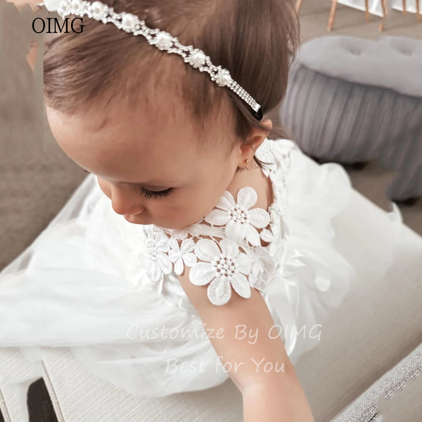 OIMG น่ารัก Ivory A-Line ชุดเดรสดอกไม้แขนกุด Applique ชุดแต่งงานชุดเจ้าหญิง Tulle ชุดวันเกิดที่กําหนดเอง