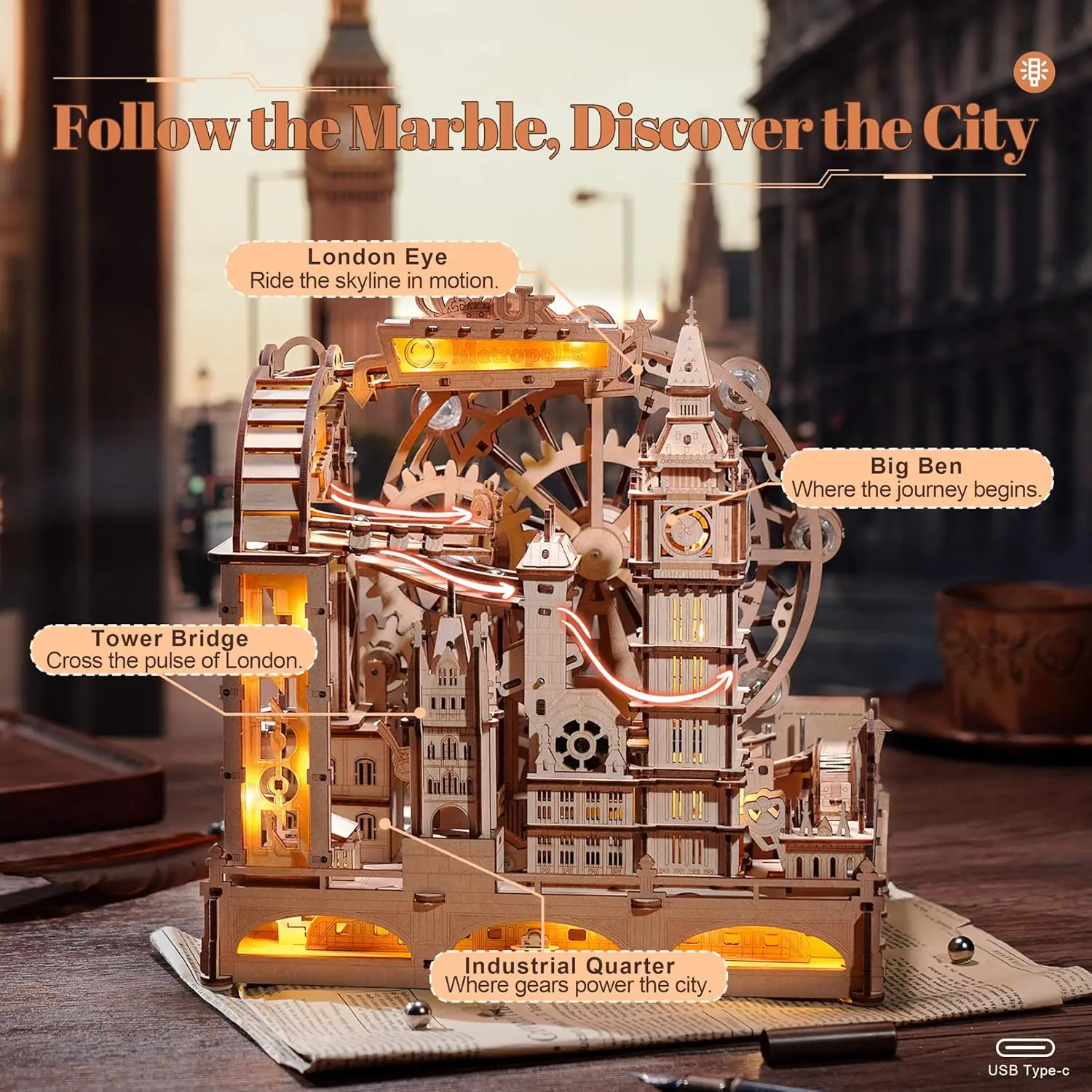 Robotime Rokr 3D Puzzles en bois ville de Londres Miniature marbre course jouets de construction bricolage Pinball Machine modèle Kits Gear Ball Challeng