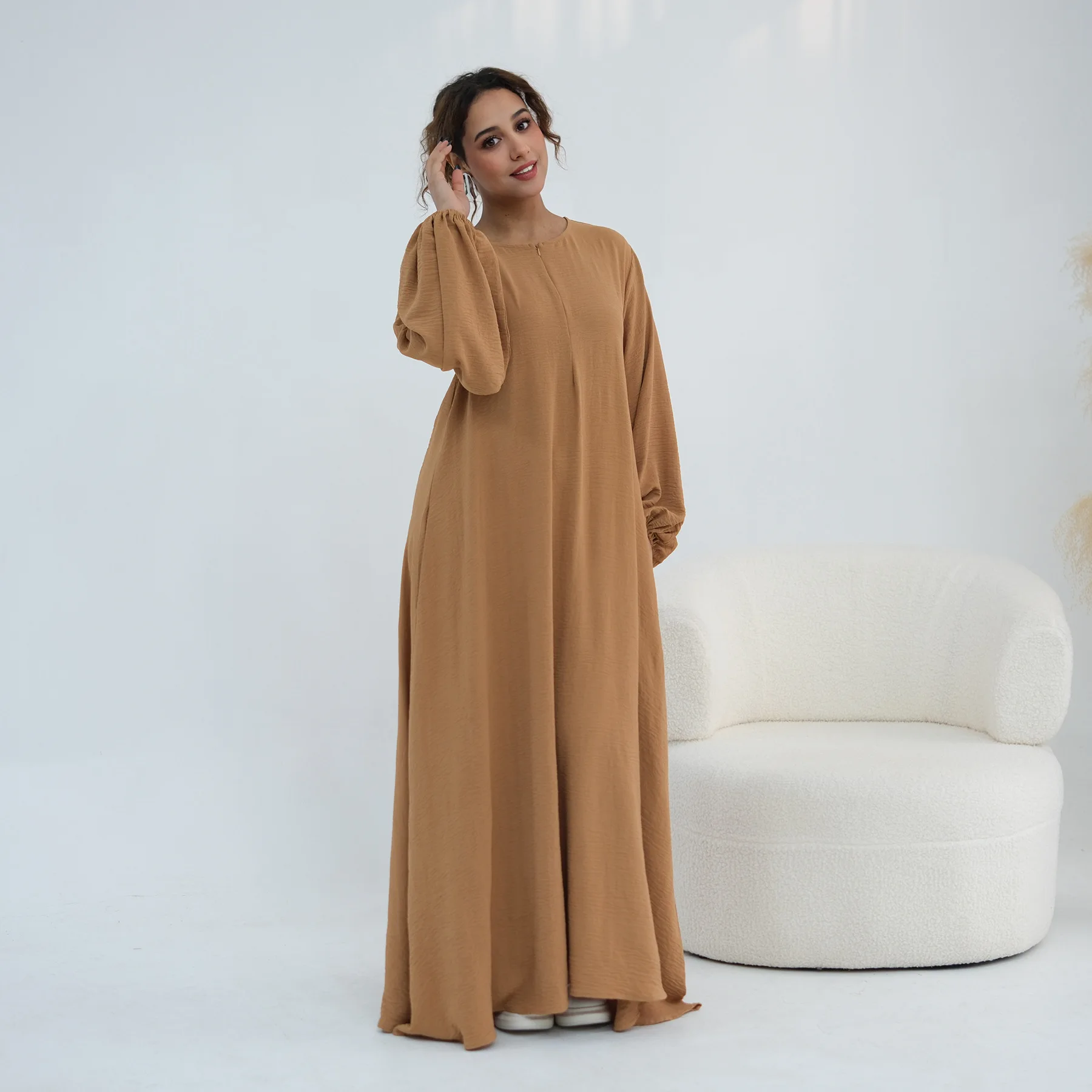 

Eid Modest Muslim Dress Ramadan Dubai Abaya Elegant Women Front Zip Long Robe Jalabiya Kaftan Gown Kebaya Islam Clothing Abayo