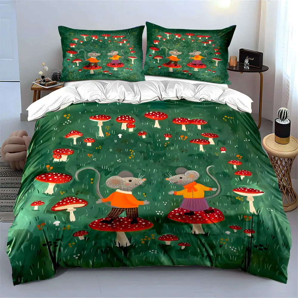 

Cute Forest Mice Mushroom Illustration Bedding Set with 1 Duvet Cover 2 Pillowcases Single Double King Queen, Gift