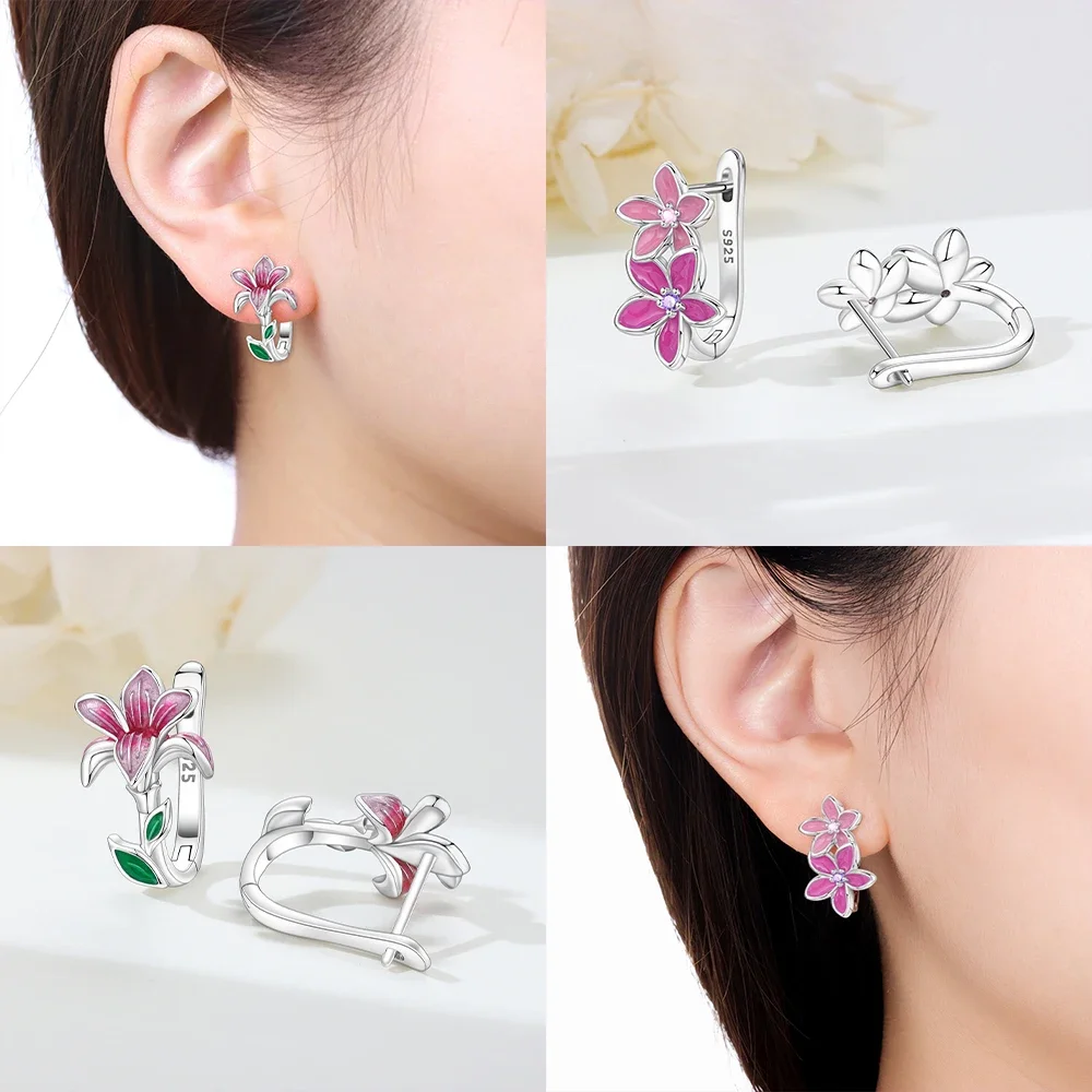 القرط الأصلي S925 فضة الوردي زهرة النبات أقراط زهر البرقوق الأخضر ورقة القرط الذكرى غرامة هدية الإكسسوار #2