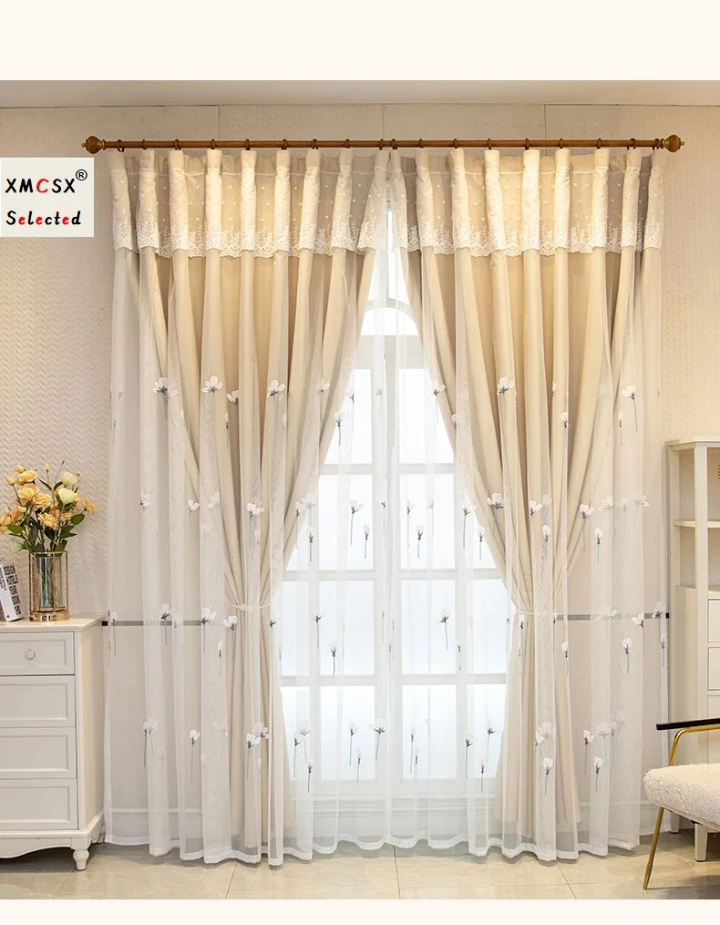 

Princess Solid Color 2 Layers Blackout Curtains for Girl's Bedroom Embroidery Lace Sheer tulle Curtain for Living Room Drapes