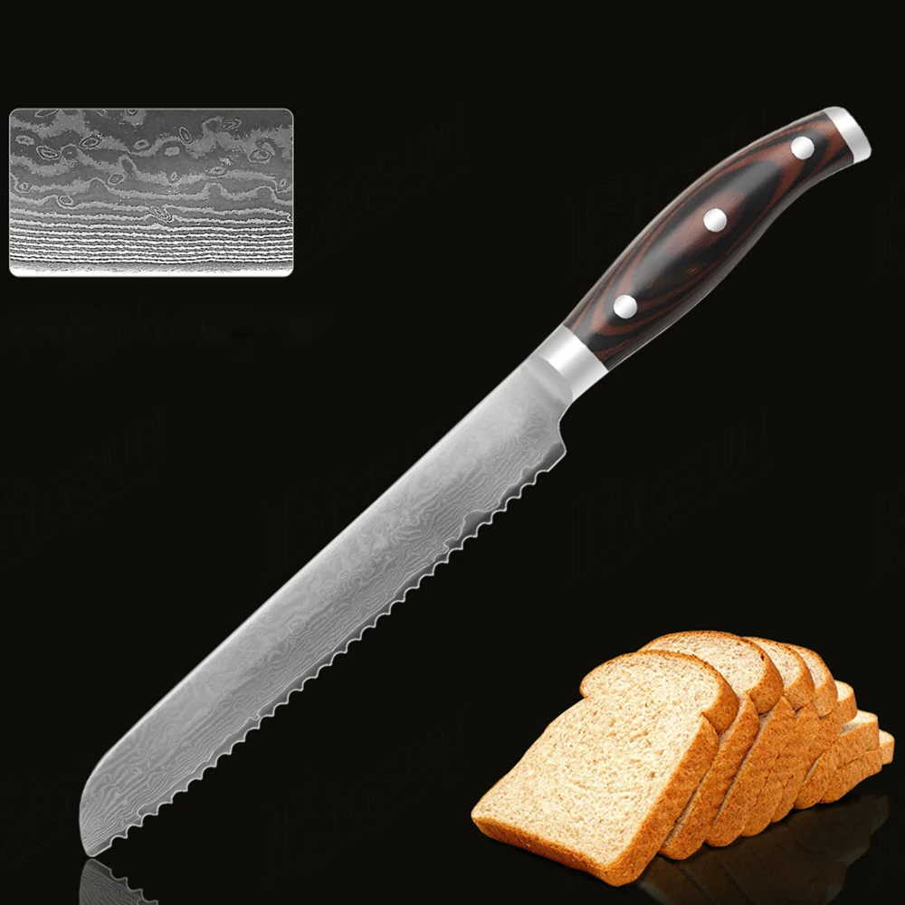 8 Inch Bread Knife 10Cr15MoV 67 Layers Damascus Steel Sharp Serrated Blade Cake Serving Kitchen Knives Cooking Tools Wood Handle