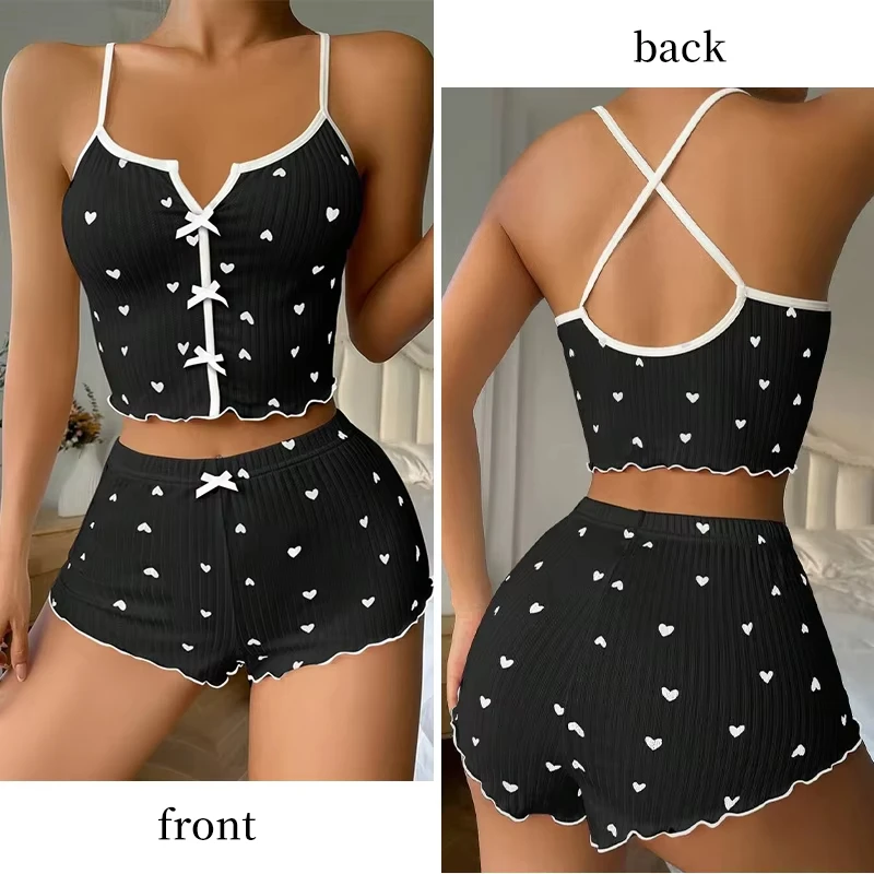  Sleepwear Women Pajamas Set Heart Print Silk Stain V-Neck Sleeveless Casual Cami Top and Shorts Sets Home Suit Loungewear