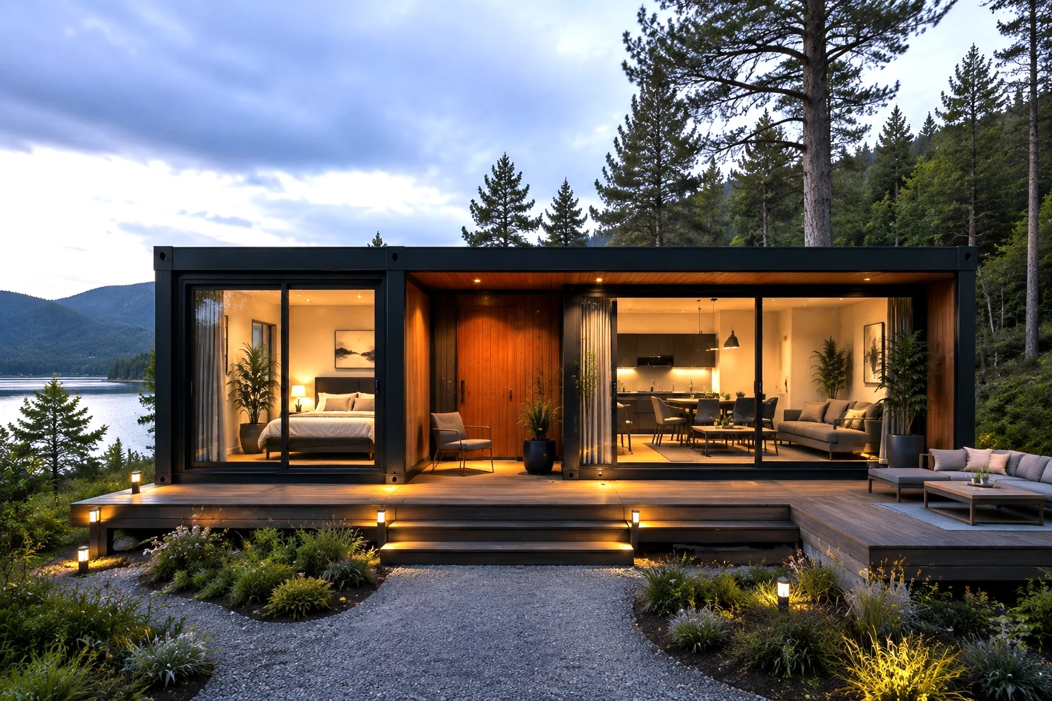 Tiny Expandable Container House Bedroom Bathroom Kitchen Off Grid Mountain Retreat Cabin Style Surrounded by Natural Forest View