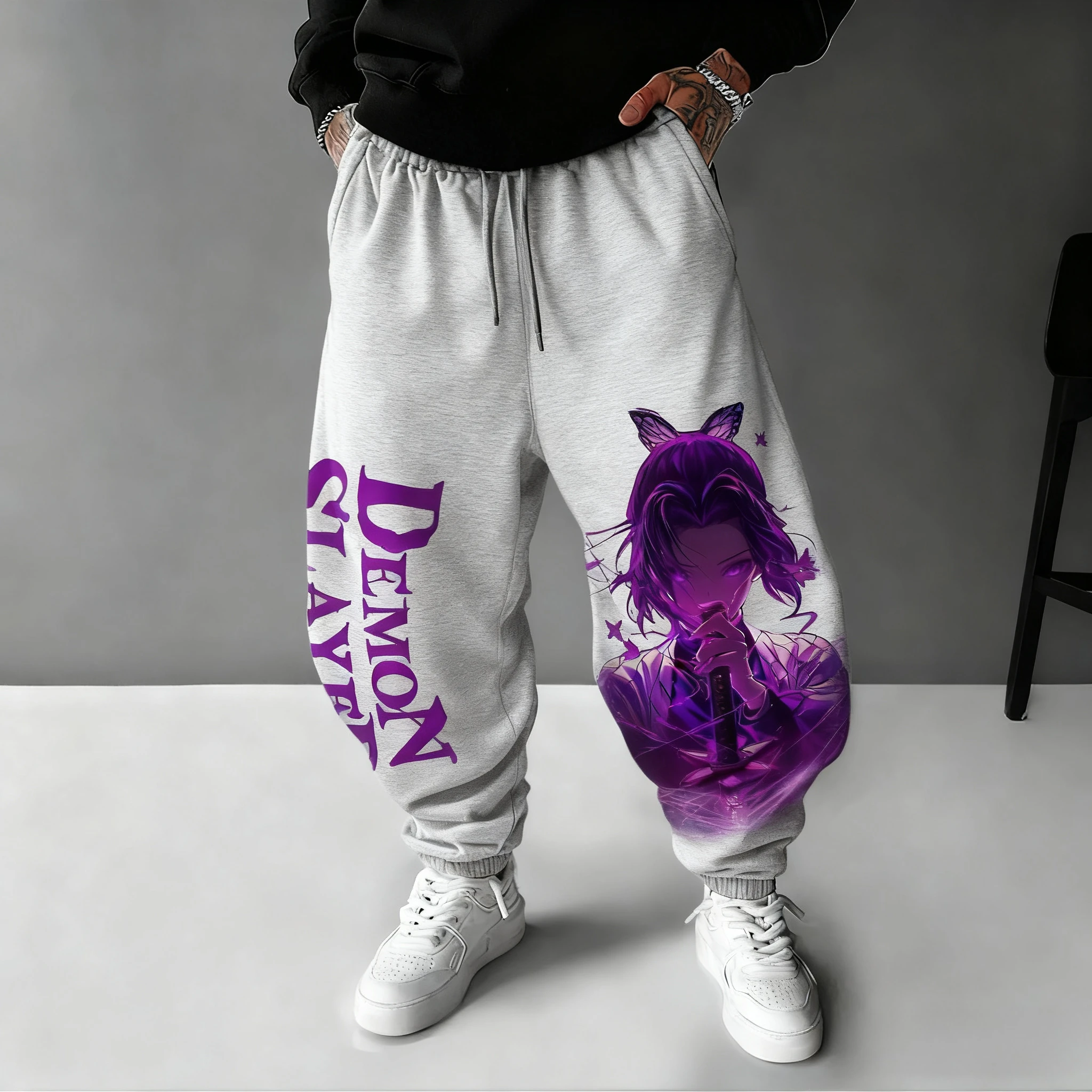 Calças de algodão demon slayer 2025 outono/inverno nova coleção kochou shinobu anime impresso masculino solto casual moda perna collants