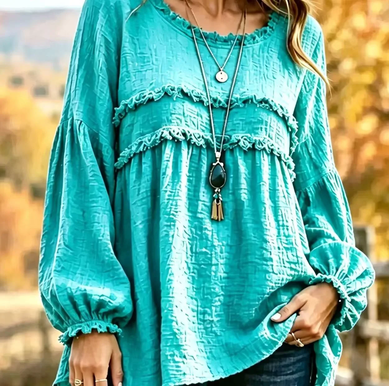 Women's Fashion Patchwork Fringed Trim Long Sleeve T-shirt