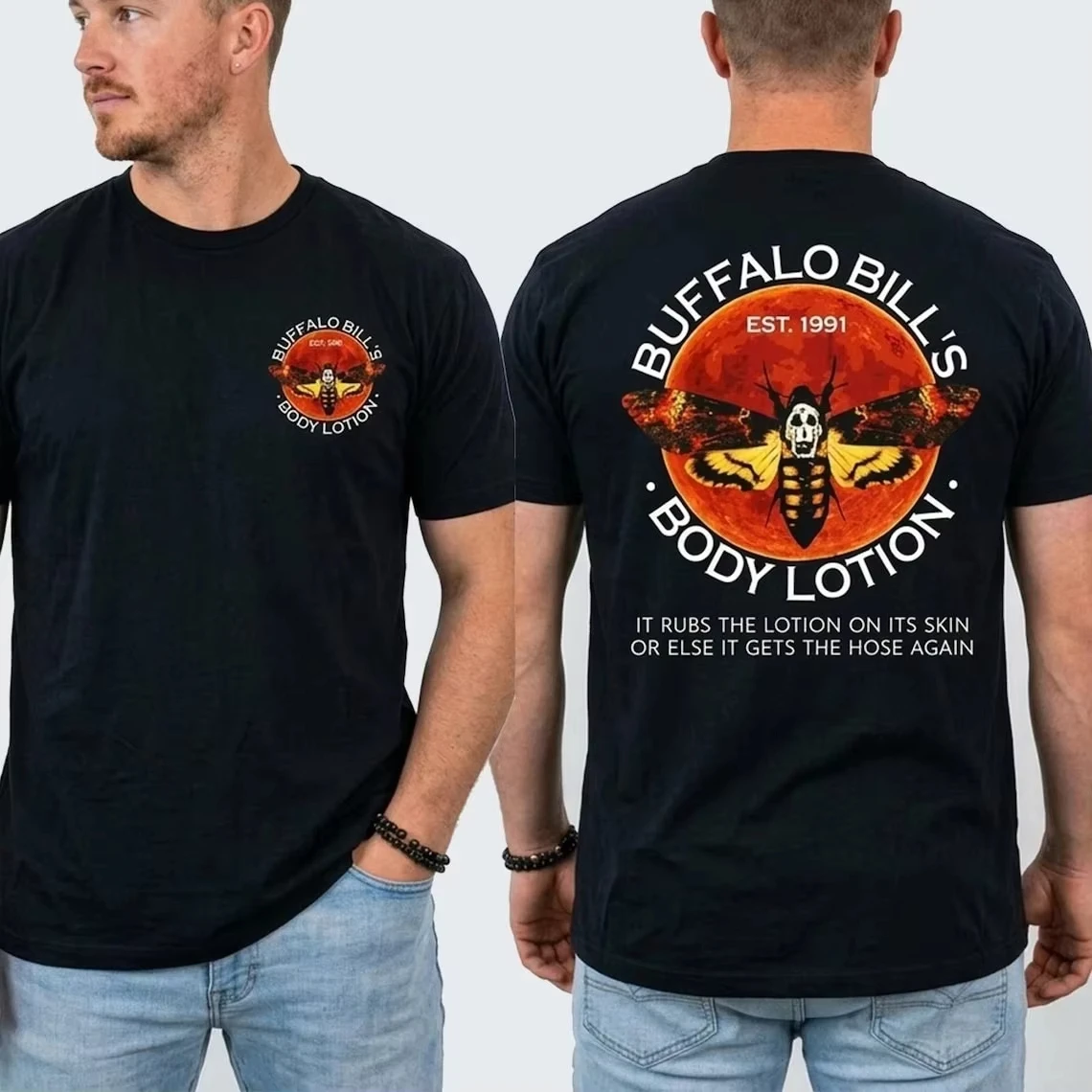 Buffalo Bill Body Lotion T-Shirt, das T-Shirt mit dem Motiv aus dem Horrorfilm „The Silent Lamb“ ist sowohl für Freizeitaktivitäten als auch für sportliche Aktivitäten geeignet und für Männer und Frauen gleichermaßen tragbar. – Detail 3