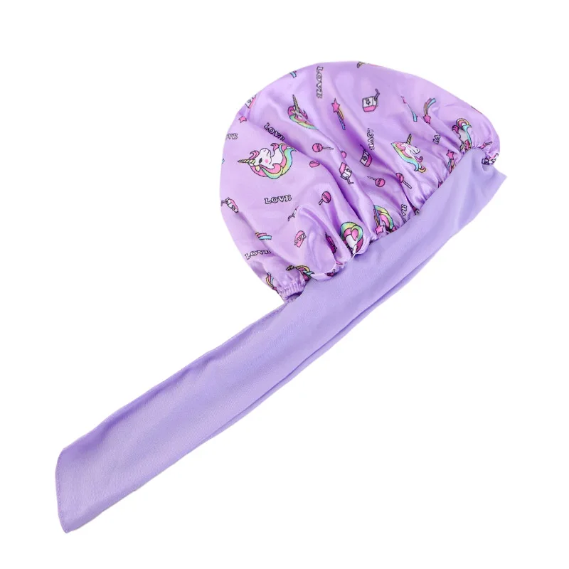 Neue Kinder Einhorn Satin Motorhaube Breites Gummiband Band Schlafen Kappe Lockiges Natürliches Haar Kind Nacht Kappen Dusche Kappe Kopftuch – Detail 4