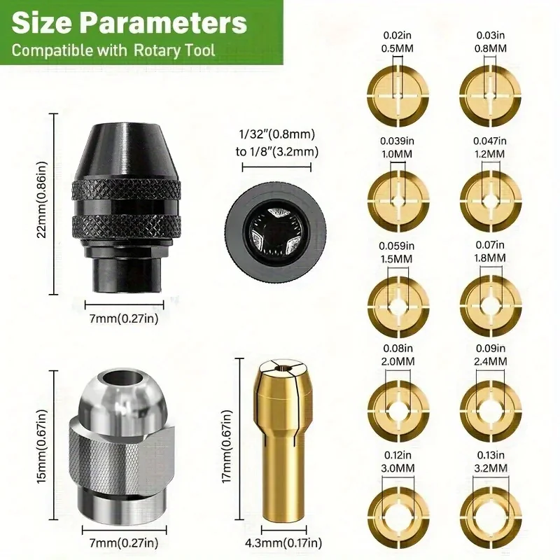 

16pcs Premium Rotary Tool Chuck Set - Quick Change Drill Adapter Kit with 0.8-3mm Shank, Keyless Brass Chucks & Metal Nuts
