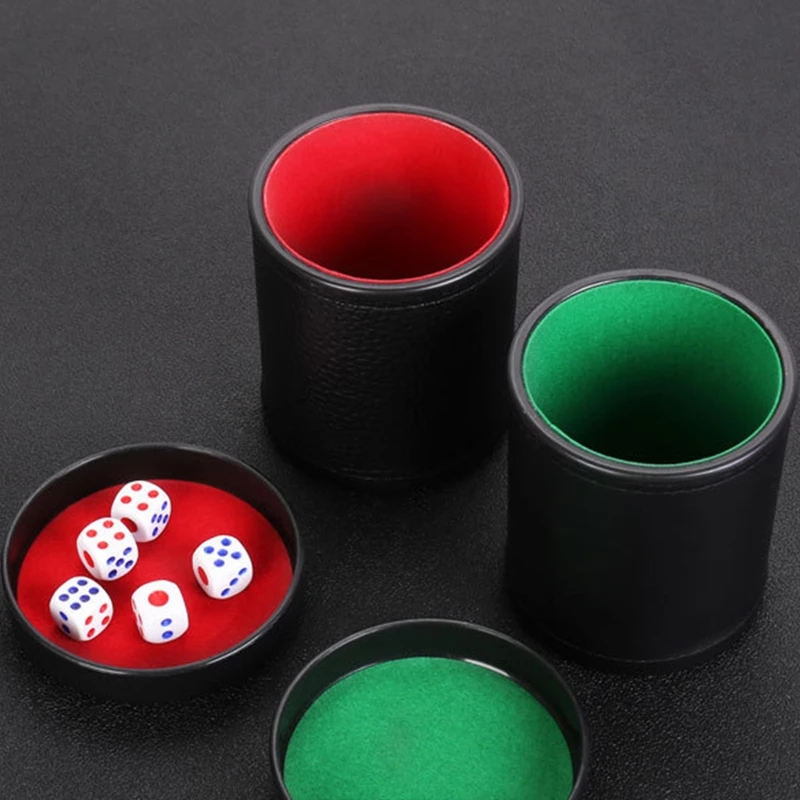 Taza de dados de cuero con tapa, forro Interior de color verde y rojo, silenciosa, para juegos de mesa de Liars, dados, Farkle, Yahtzee, negro