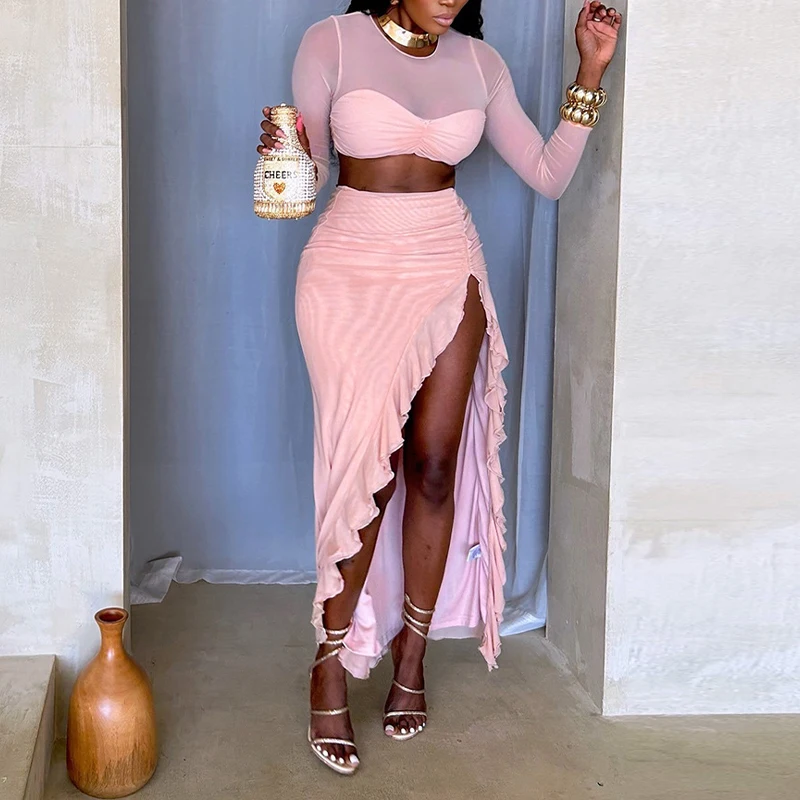 

BKLD Fashion Pink Birthday Party Vacation 2Pcs Outfits Mesh Sheer Double-layer Lining Long Sleeve Cropped Top+Folds Split Skirts