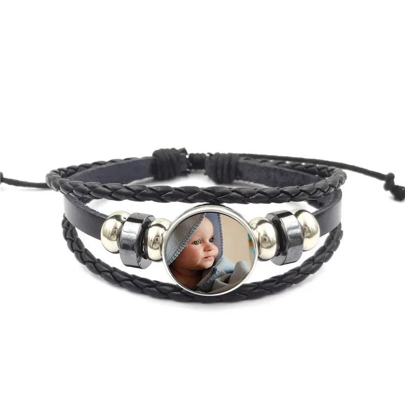 Personalized Photo Leather Cord Bracelet Customized Baby Photos Favorite Family Gifts for Moms, Dads, and Grandparents