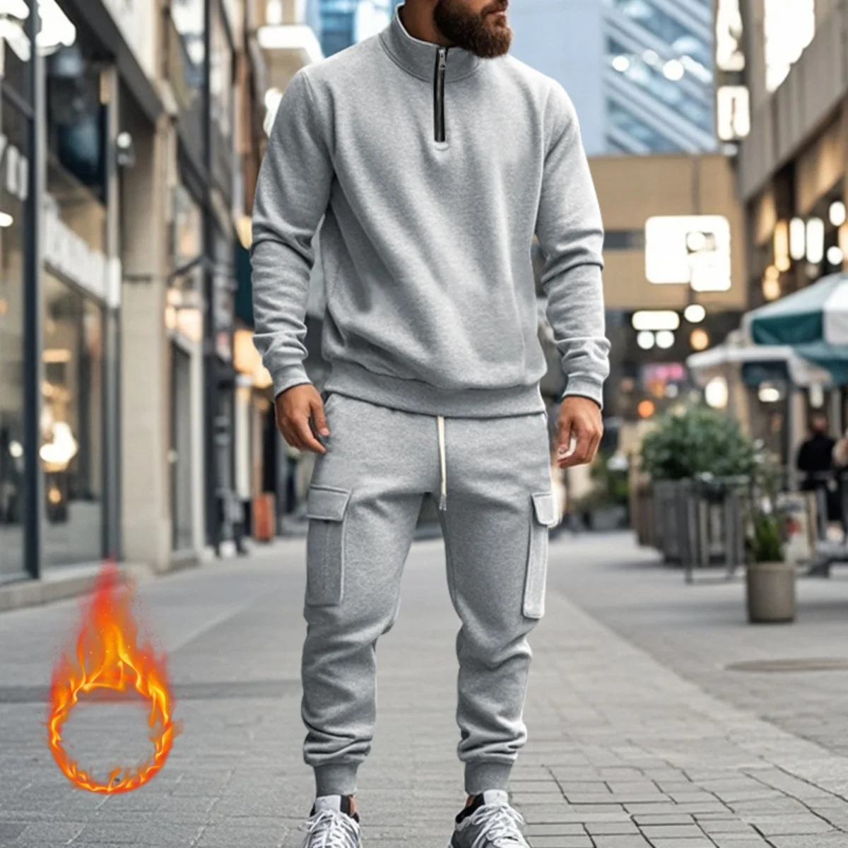 Men's 2025 Autumn/Winter Casual Fleece Half-Zip Standing Collar Sweatshirt And Fashion Street Style Sweatpants Work Pants Set