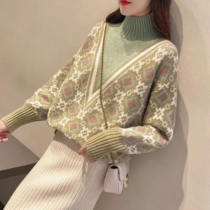 Autumn Winter Korean Female Geometric Jacquard Sweaters Vintage Fashion Patchwork Turtleneck Knitted Jumpers Women\'s Clothing