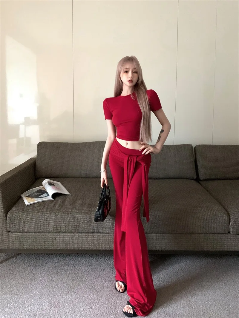 

Red round Neck Fitted Short Sleeve T-Shirt Women's Sweet Spicy Girl Suite Slim Micro Flared Long Pants Two Piece Set
