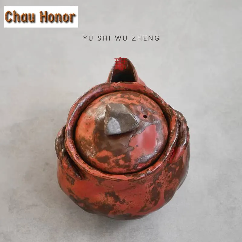 200ml Japanese Rough Bottle Teapot Handmade Powder Yin Red Makeup Ceramic Tea Pot Creative Soaking Hand Grab Pot Kettle Teaware