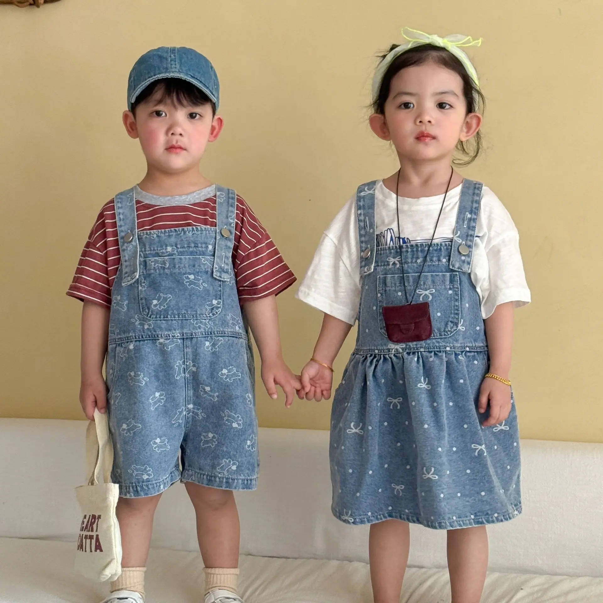 2026 Summer New Children Denim Overalls Boys Strap Jeans Shorts Girls Sling Dress Cute Kids Brother Sister Outfits Baby Clothes view 6