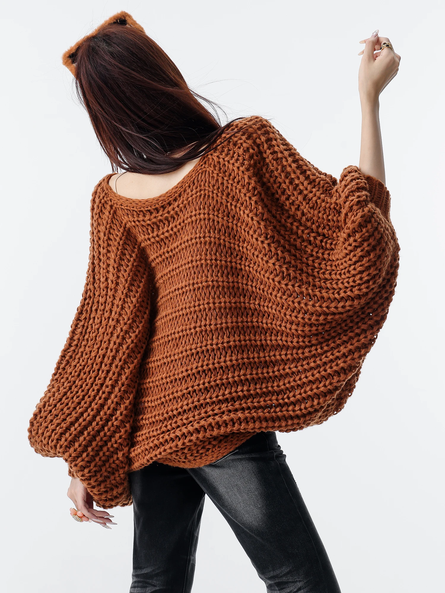 Brown Hollow out Knitted Cardigan Women's Batwing Sleeve Coat with Bow Tie Casual Chic Style Autumn Fashion Outerwear