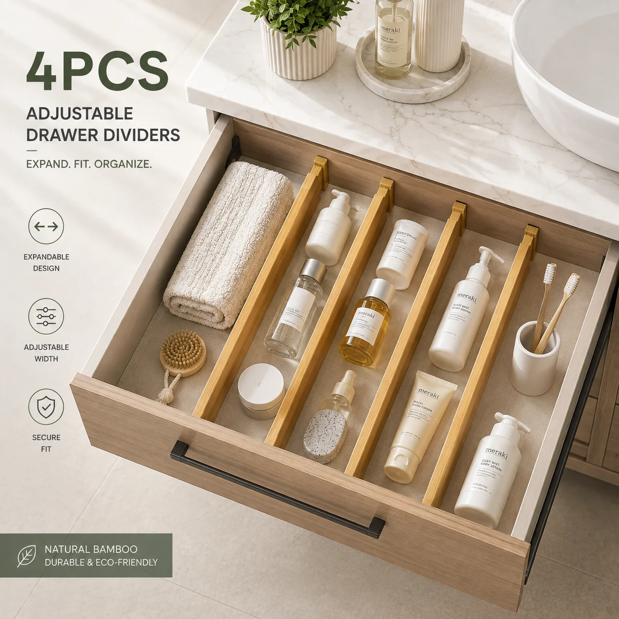 4PCS Adjustable Bamboo Drawer Dividers, Expandable Bathroom Drawer Organizers, Vanity Storage Separators for Cosmetics, Accessories and Household Items, Kitchen Utensil Storage, Bedroom Dresser, Closet and Office Drawers, Home Organization