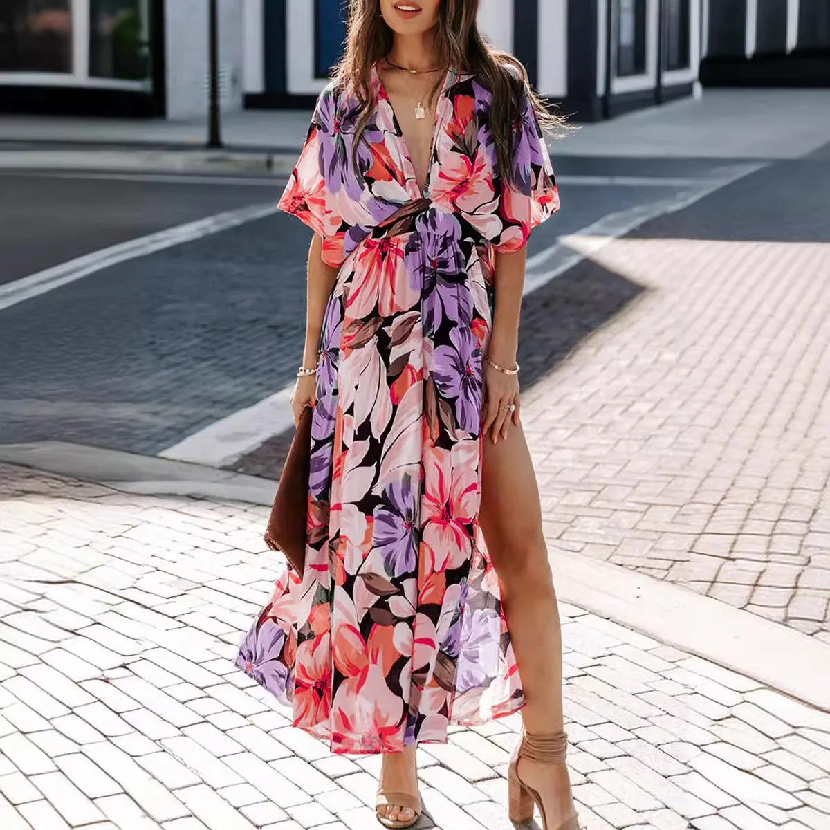 Vestidos florais boêmios para mulheres, decote em v casual, mangas curtas, vestido bohe, fenda sexy de cintura alta, vestido longo, moda festa de verão