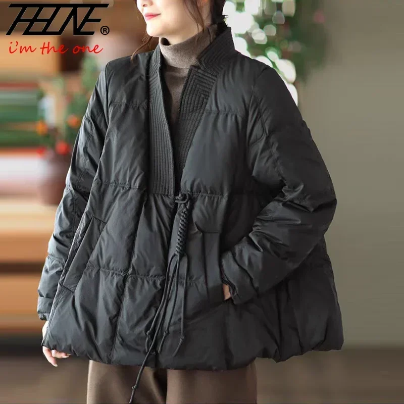 THHONE Winter Jacket Women Coat Parkas Padded Cardigan Thicken V-Neck Vintage Chinese Style Disc Buckle Casual Solid Outerwear