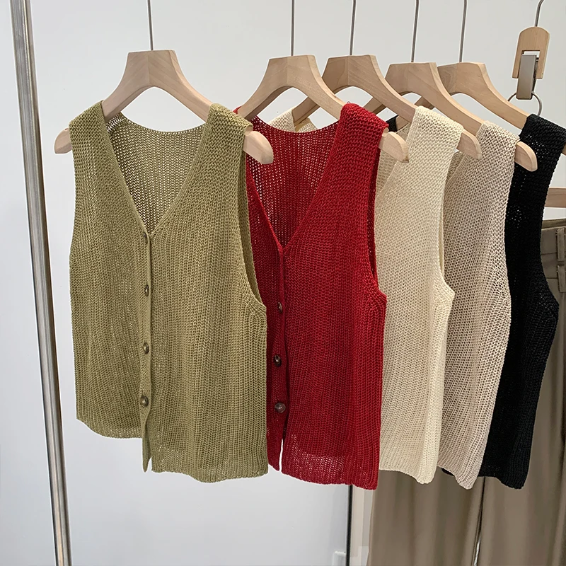Summer Women Temperament V-neck Tank Vest Hollow Out Sleeveless Retro Buttons Cardigan Tees Loose Outerwear Office Lady Tank Top