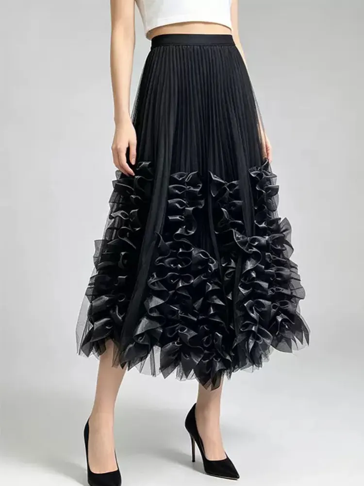 Heavy Solid Color Stitching Wood Ear Pleated Skirt Loose Slim Fit Spring Autumn New 2026 Joker Holiday Style