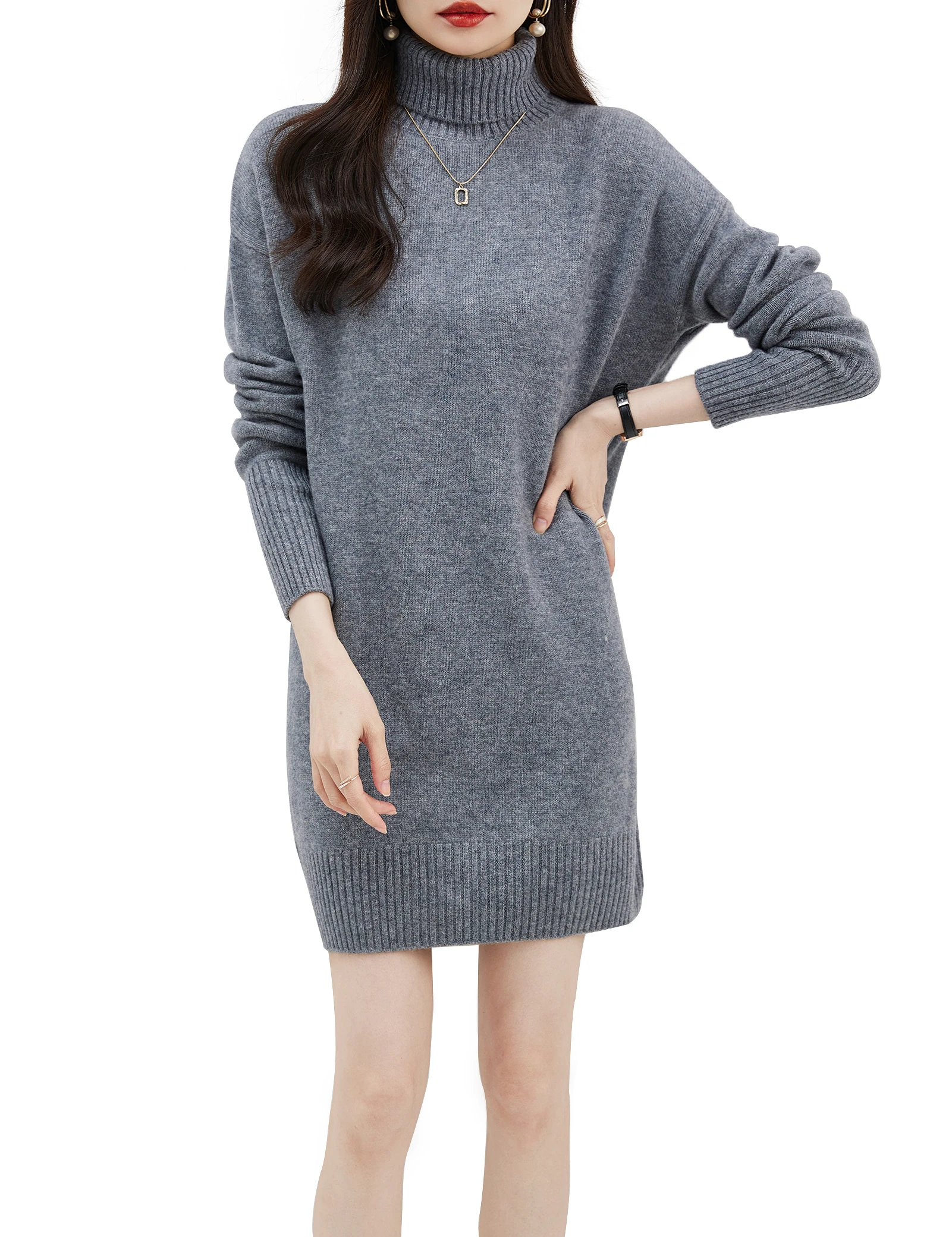 EU Size Women\'s Turtleneck Sweater Dresses 100% Merino Wool Vintage Dress 2023 Fall Winter Warm Long Sleeve Knitted Mini Skirts