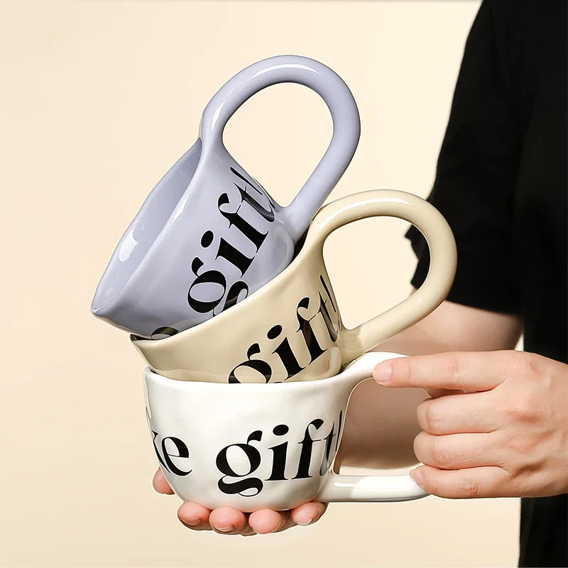 Ceramic Mugs Hand Pinched Coffee Cups Letter printing Milk Tea Cup Ins Korean Style Oatmeal Breakfast Mug Drinkware Kitchen cup