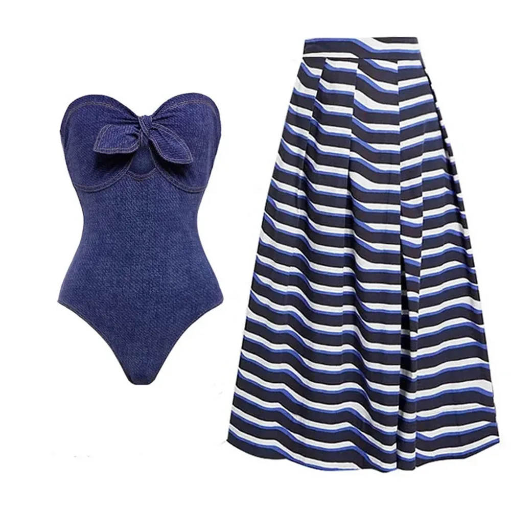 

Fashion Women's Clothing One Piece Denim Swimsuit Bikini Set Beach Skirt Polyester bodysuit Swimwear Style Wear Maxi Dress