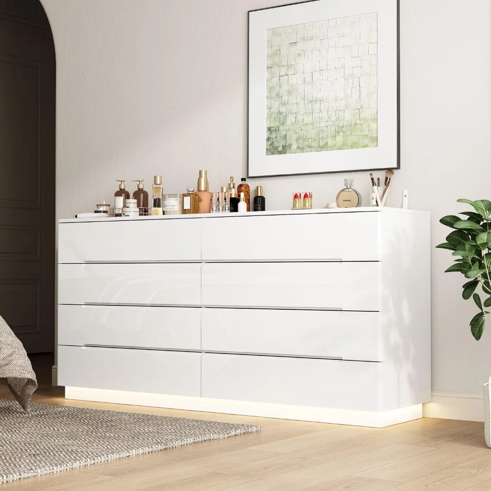 High Gloss Dresser with Lights,Modern Glossy Dresser, Chest of Drawers 8 Drawer Dresser, Contemporary Dressers for Bedroom White